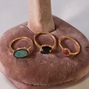 Elegant Gold Rose Trio of Gemstone Rings, Silver 925, Size 6